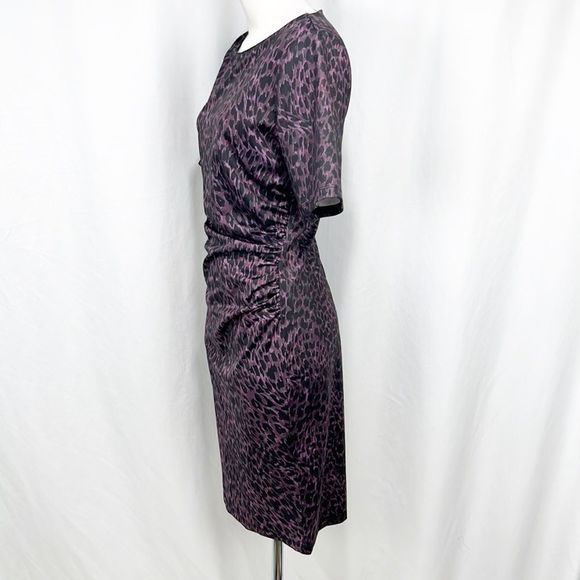 Elie Tahari Raveena Ruched Sheath Dress Aubergine Purple & Black Leopard Print 8 - Picture 8 of 13